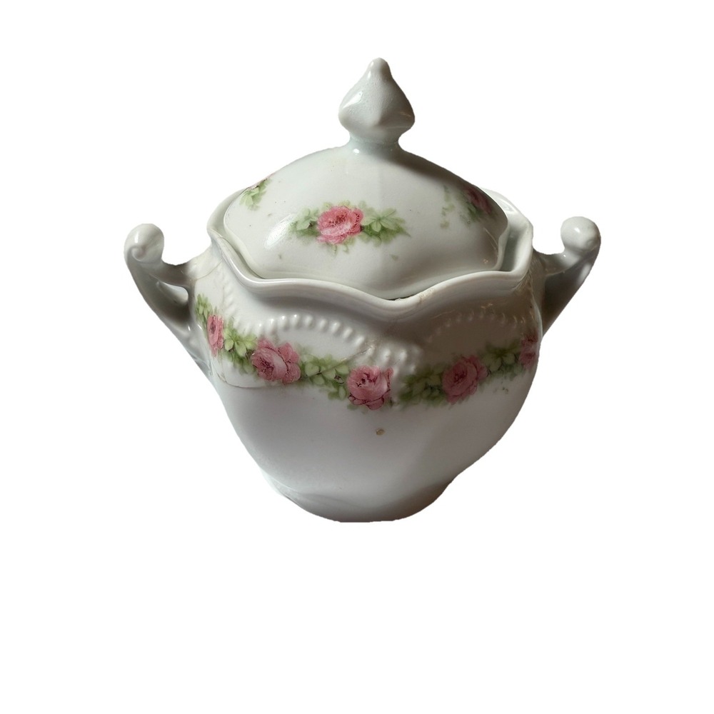 Vintage R S Germany covered sugar‎ bowl hand painted dainty pink roses handles